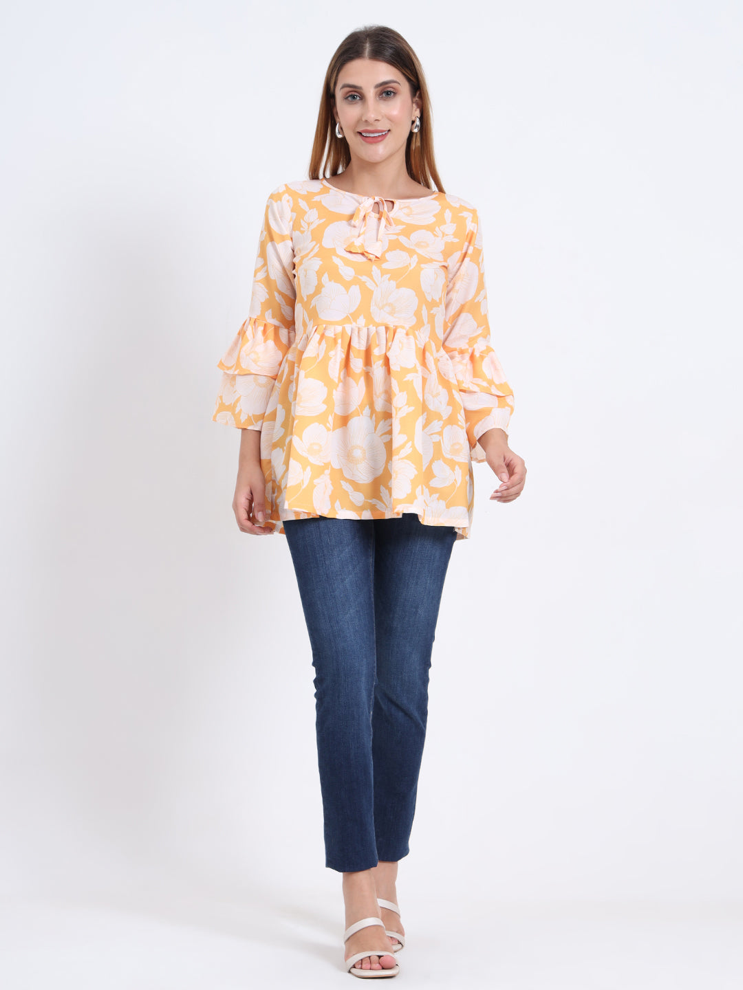 Poly Royal Fabric Top with Frill Design and 3/4 Sleeves for Women