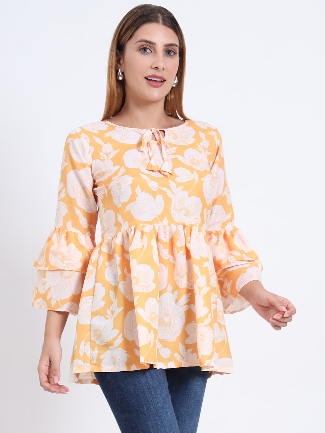 Poly Royal Fabric Top with Frill Design and 3/4 Sleeves for Women