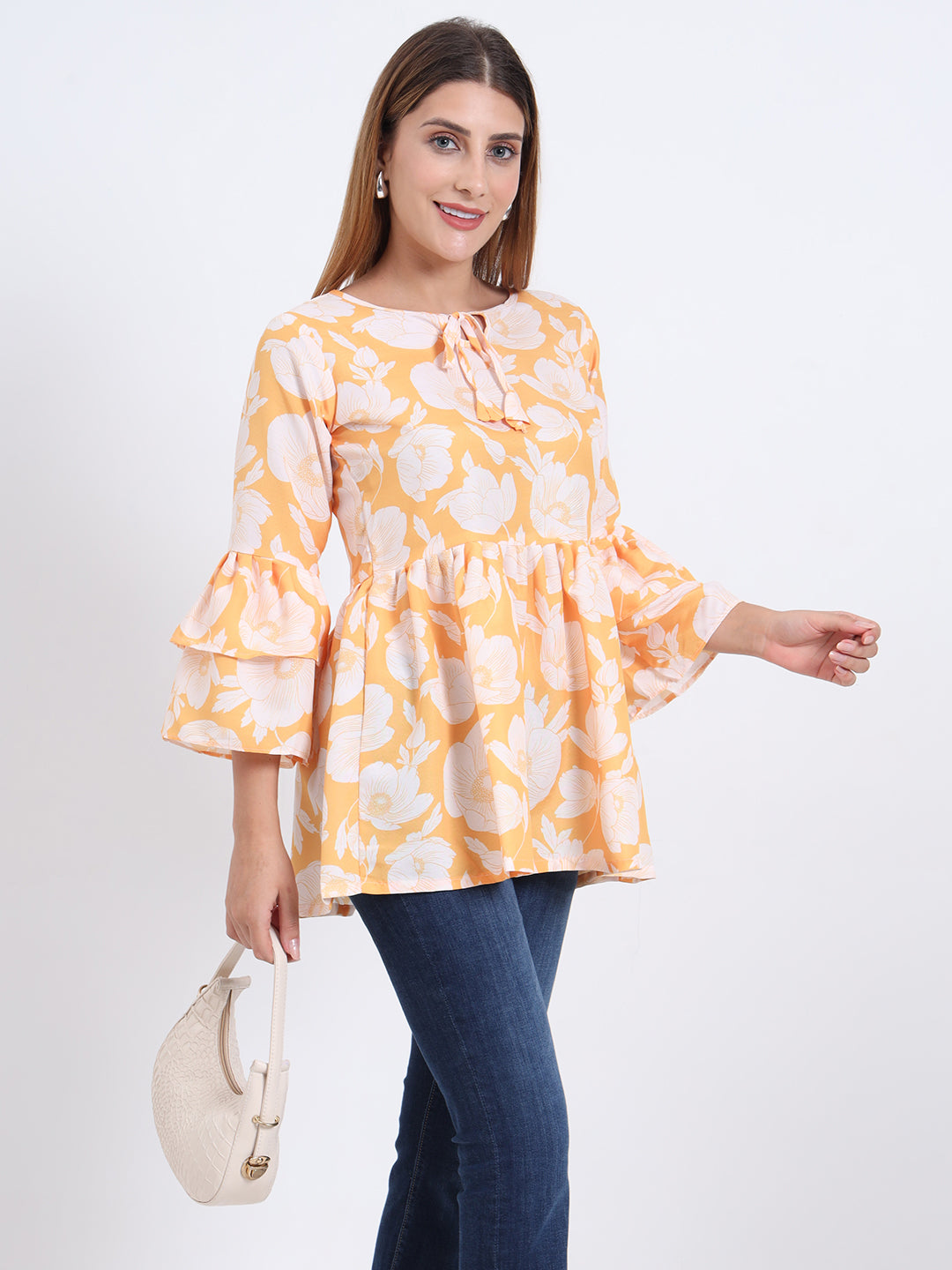 Poly Royal Fabric Top with Frill Design and 3/4 Sleeves for Women