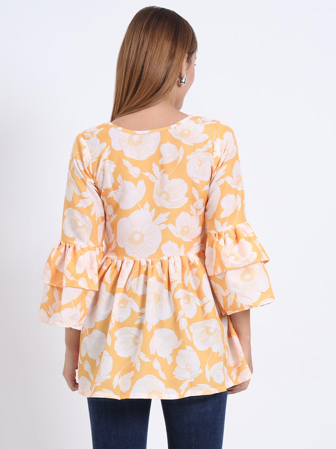 Poly Royal Fabric Top with Frill Design and 3/4 Sleeves for Women