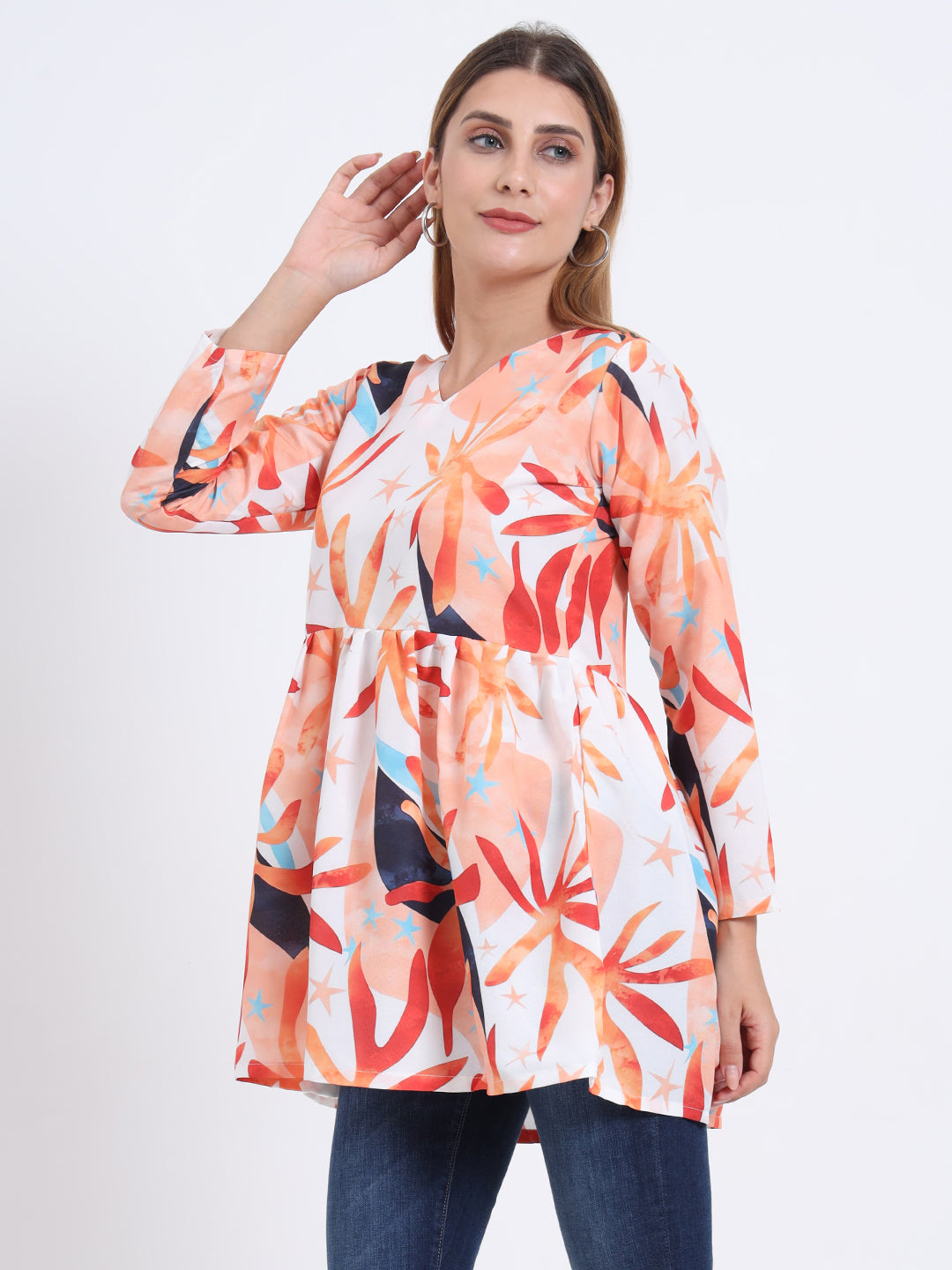 Rayon Multi Colour Digital Print V-Neck Top with 3/4 Sleeves