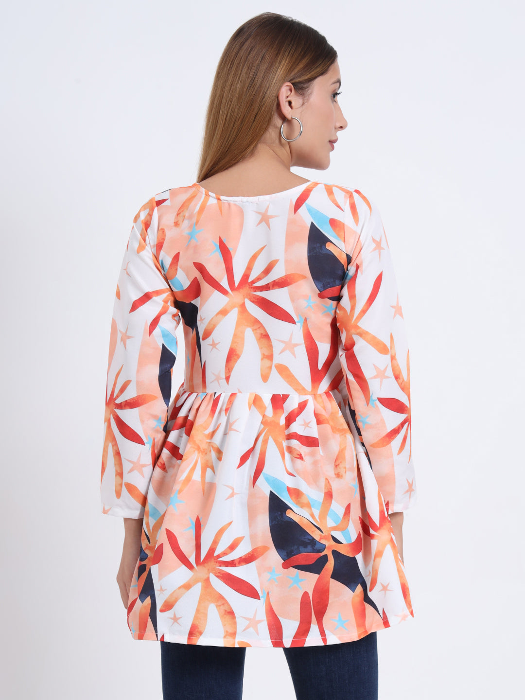 Rayon Multi Colour Digital Print V-Neck Top with 3/4 Sleeves