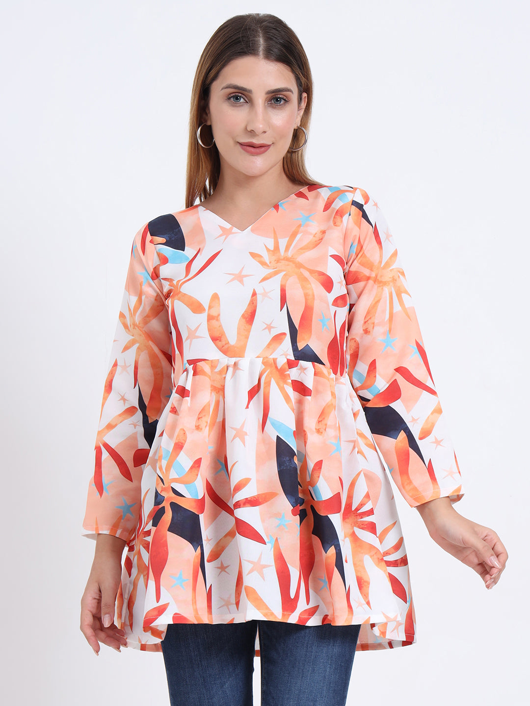 Rayon Multi Colour Digital Print V-Neck Top with 3/4 Sleeves