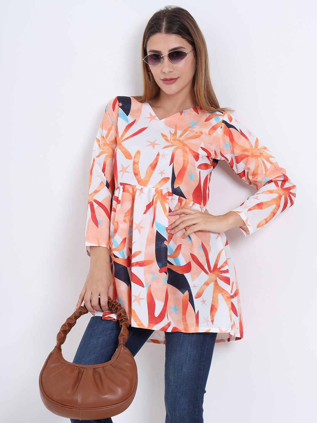 Rayon Multi Colour Digital Print V-Neck Top with 3/4 Sleeves