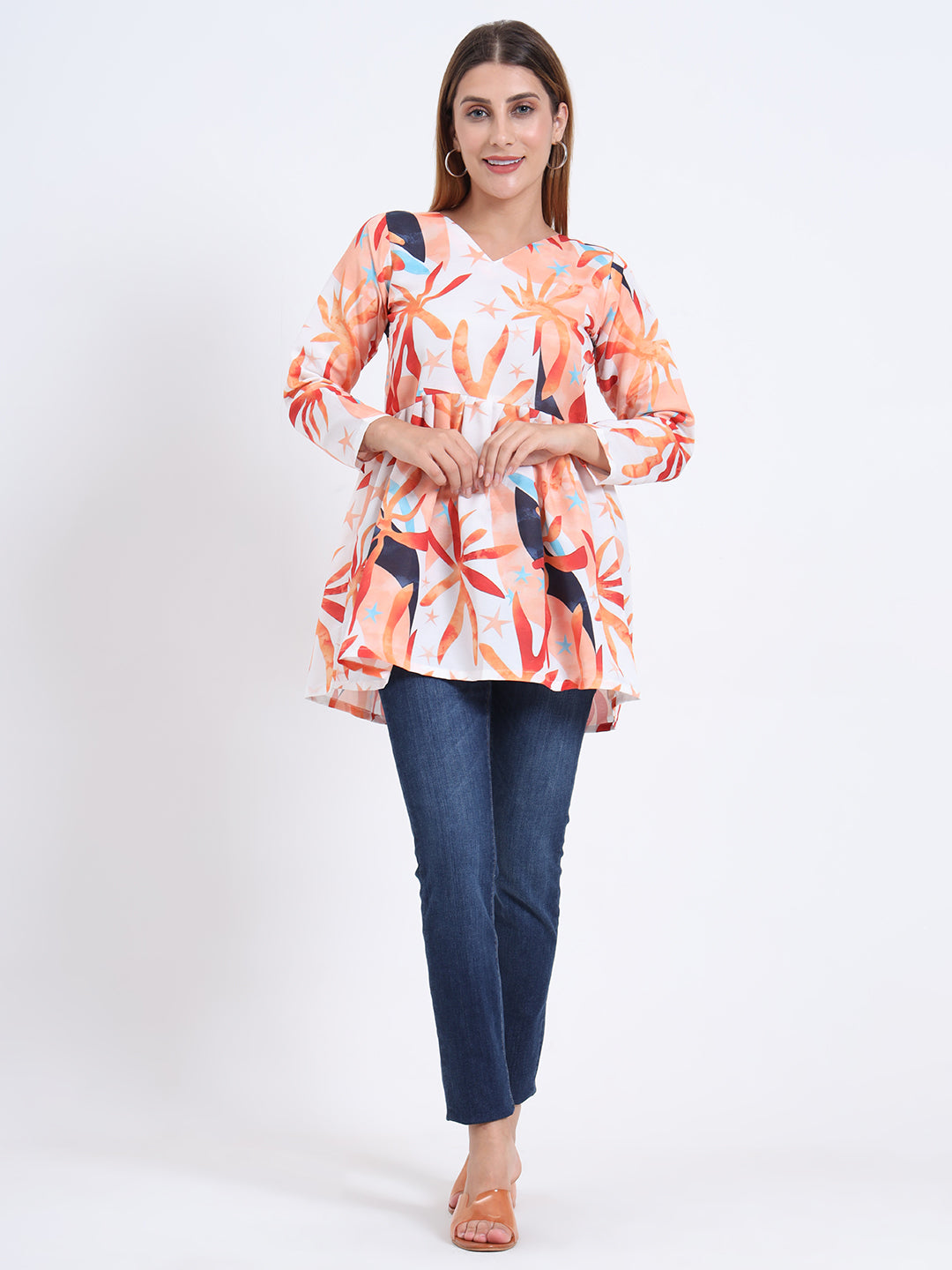 Rayon Multi Colour Digital Print V-Neck Top with 3/4 Sleeves