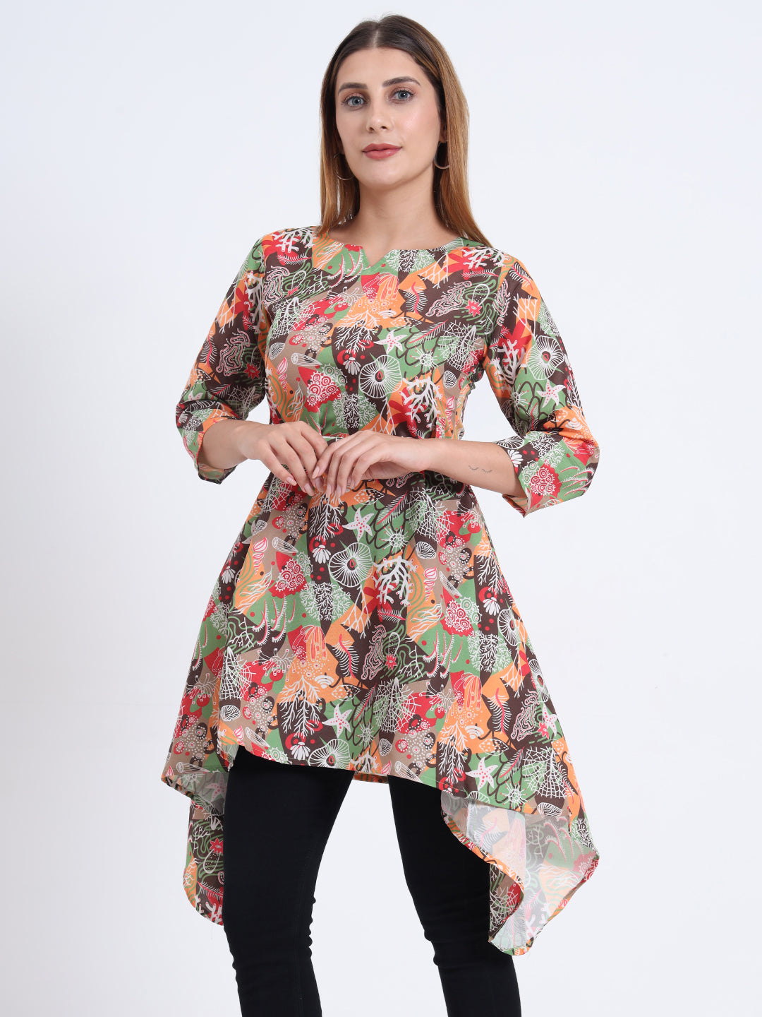 Rayon Digital Print Flared Top with 3/4 Sleeves for Women