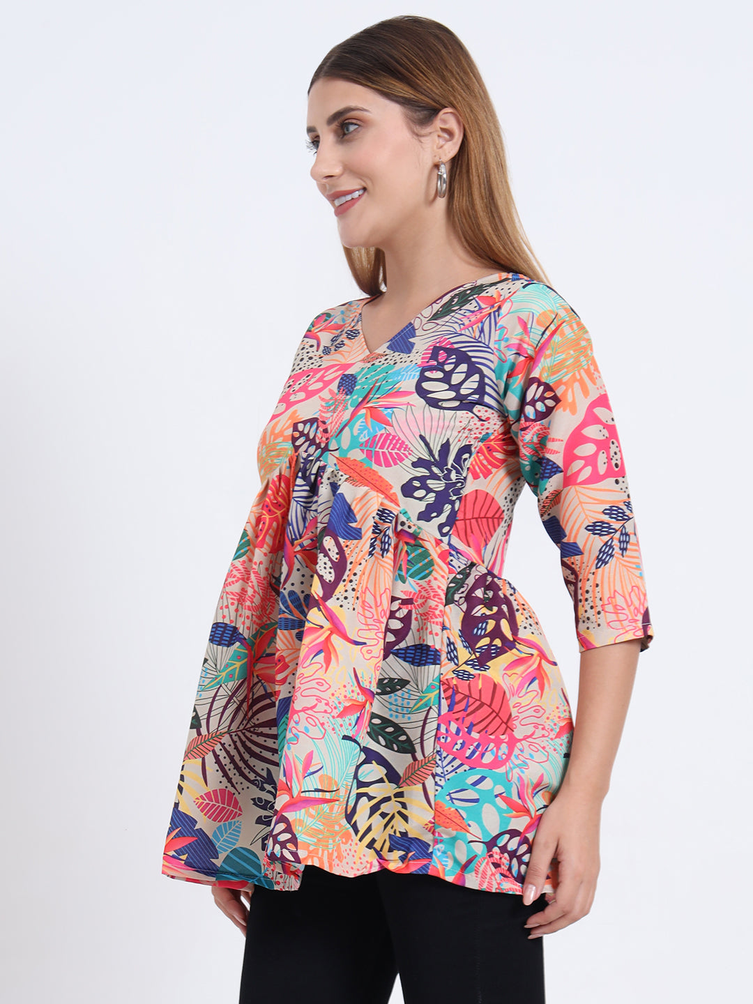 Rayon Digital Printed Flared Top with 3/4 Sleeves for Women