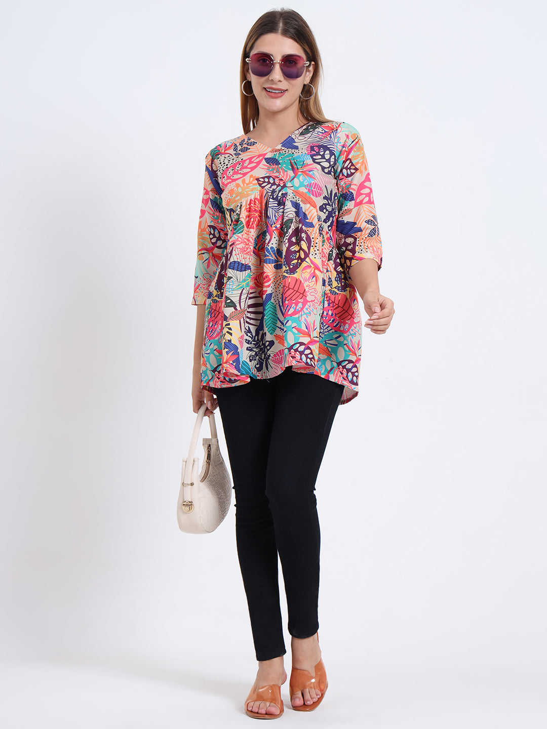 Rayon Digital Printed Flared Top with 3/4 Sleeves for Women