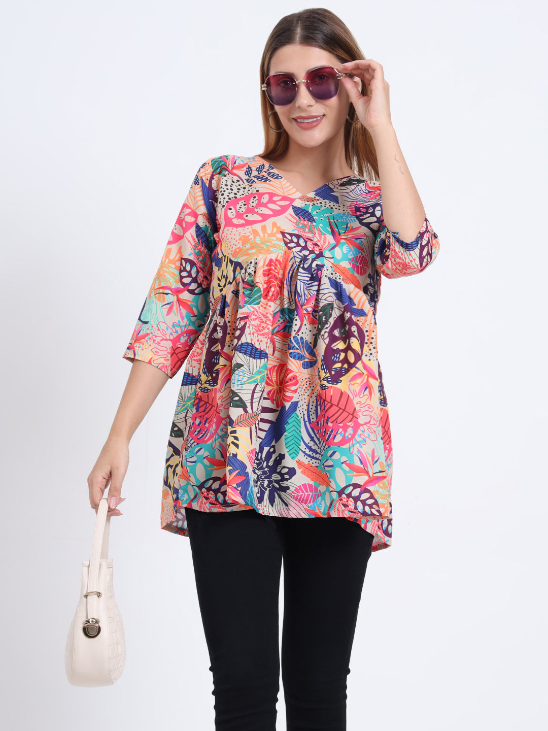 Rayon Digital Printed Flared Top with 3/4 Sleeves for Women