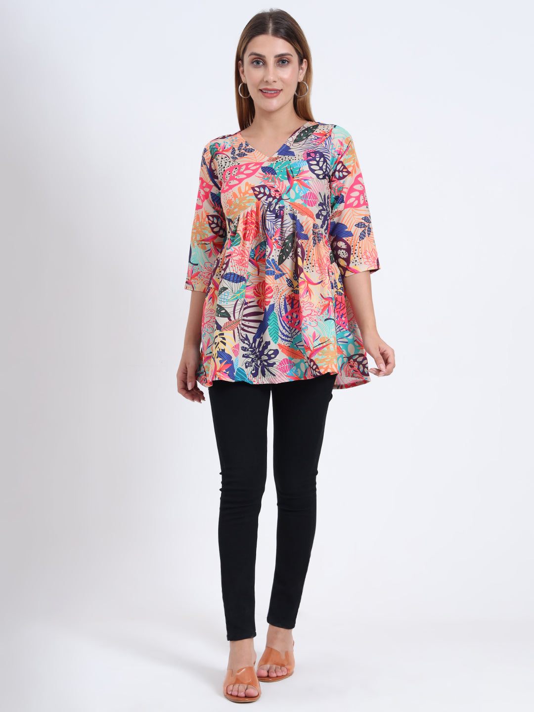 Rayon Digital Printed Flared Top with 3/4 Sleeves for Women