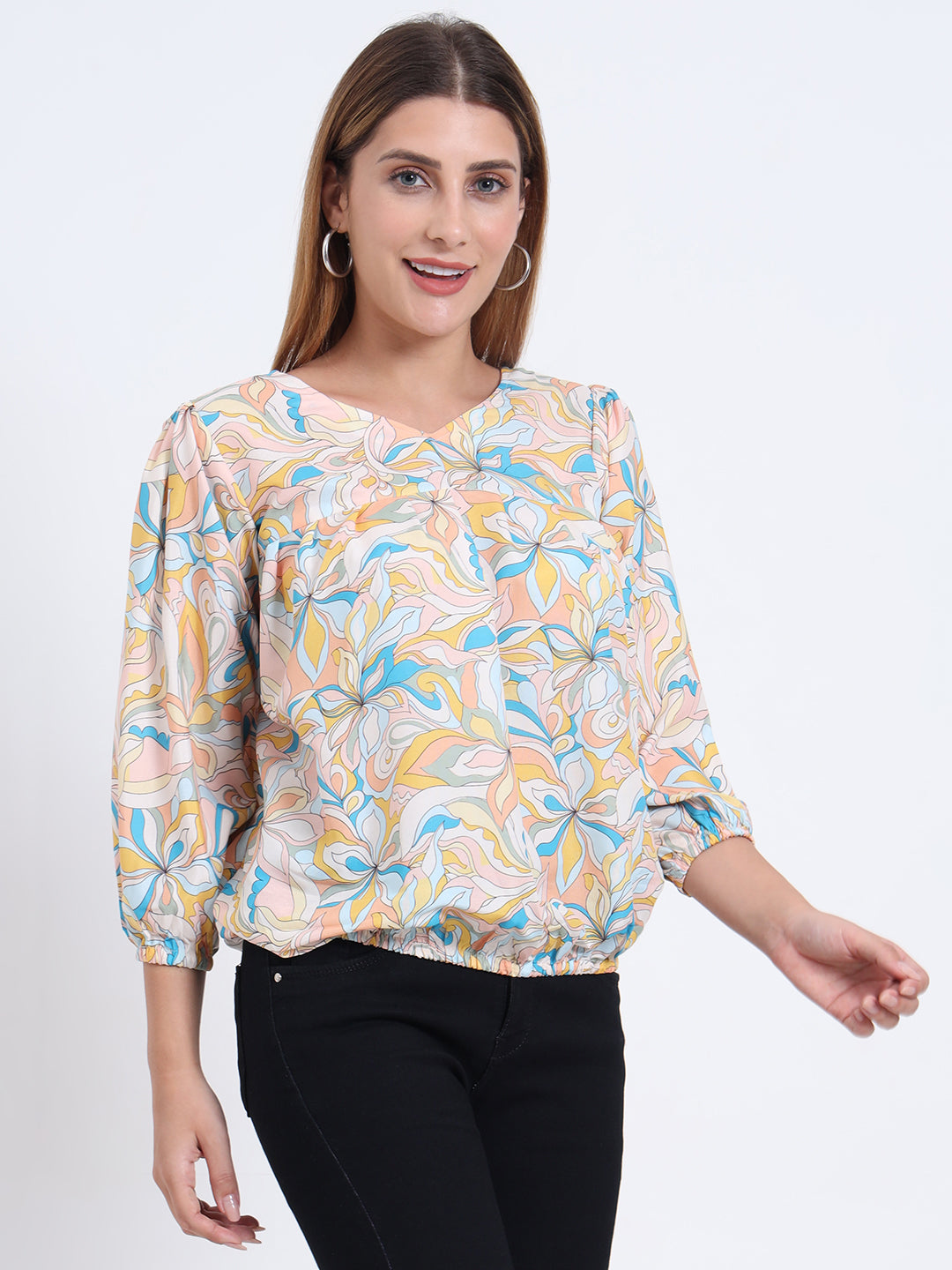 Multi Colour Rayon Top with Elastic Sleeves and Elastic Bottom
