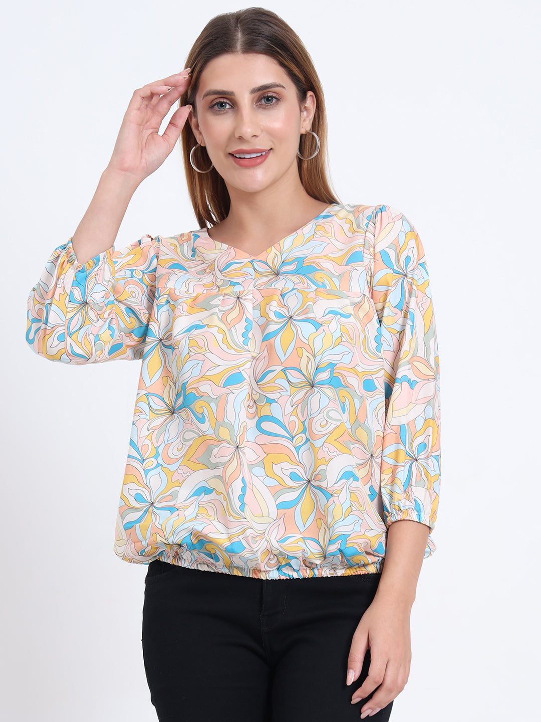 Multi Colour Rayon Top with Elastic Sleeves and Elastic Bottom
