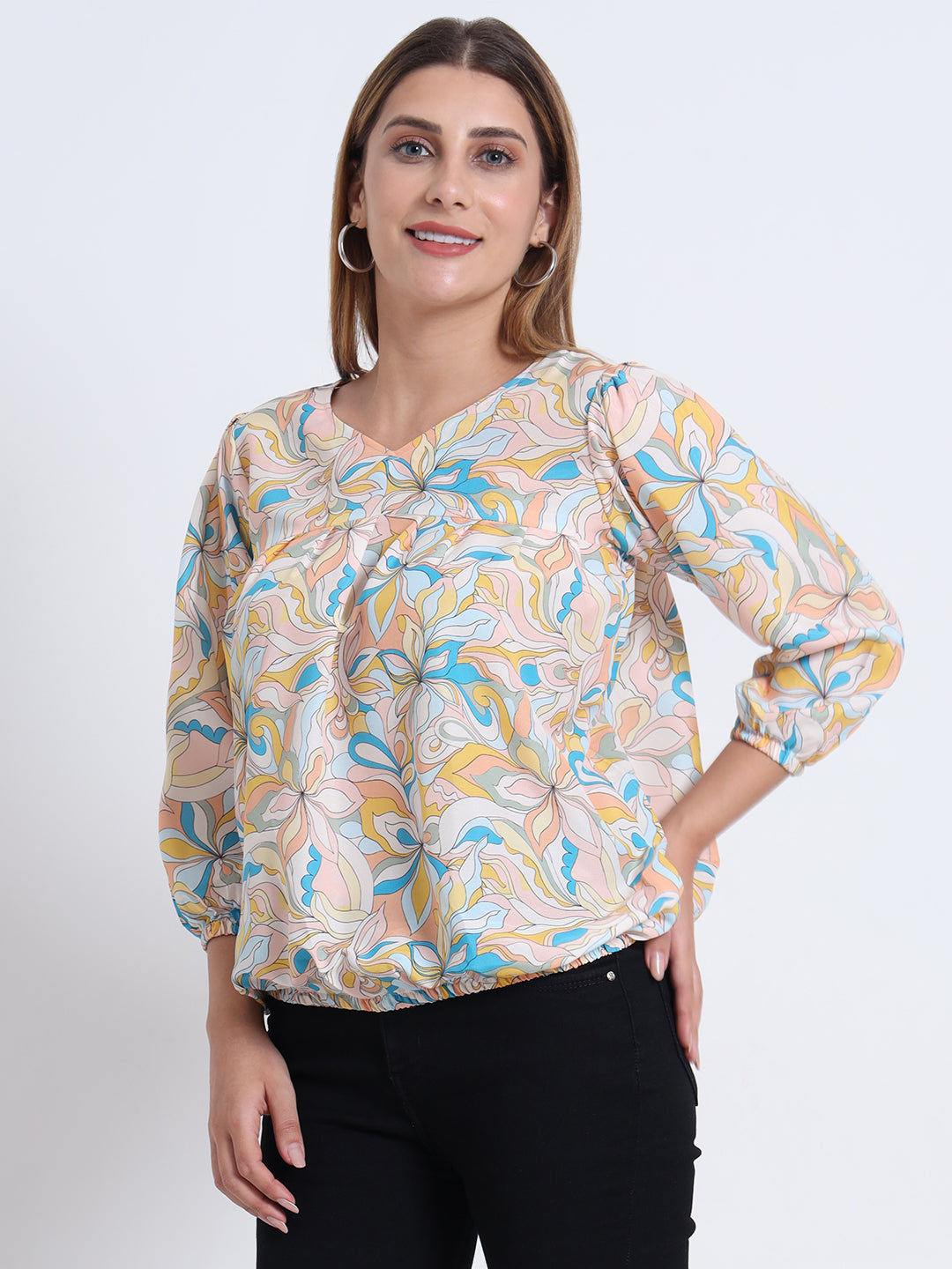 Multi Colour Rayon Top with Elastic Sleeves and Elastic Bottom