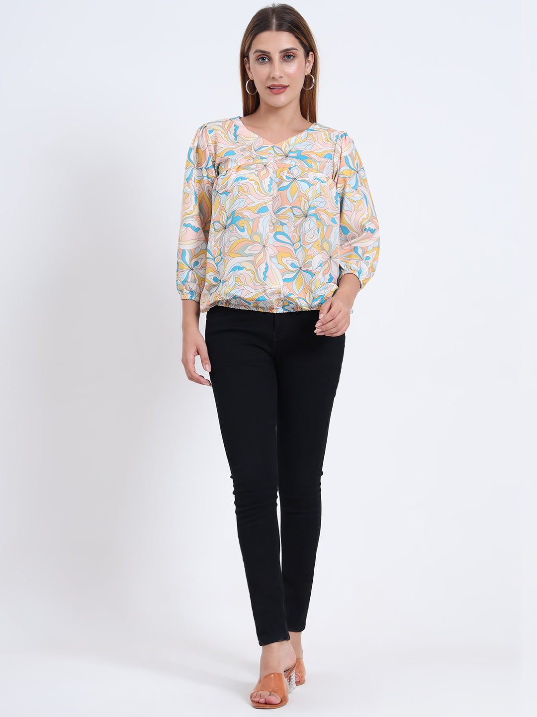 Multi Colour Rayon Top with Elastic Sleeves and Elastic Bottom