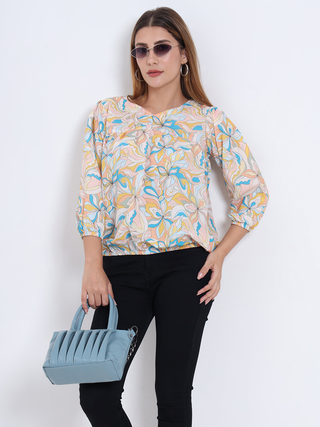 Multi Colour Rayon Top with Elastic Sleeves and Elastic Bottom
