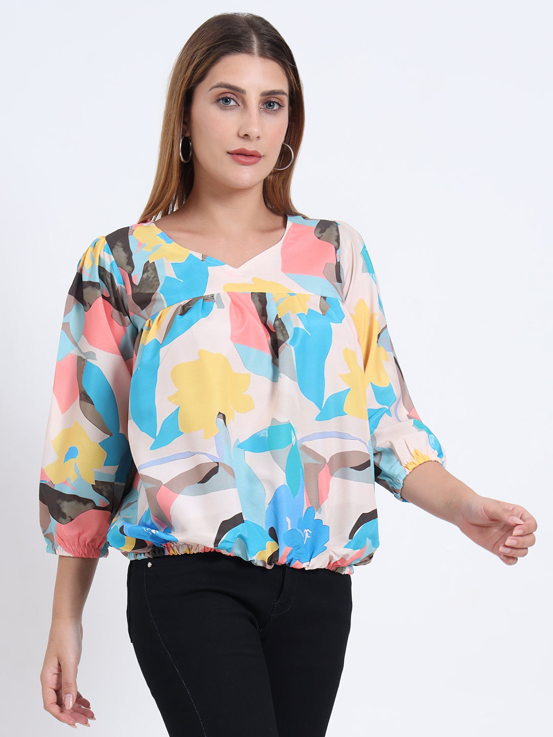 Multi Colour Rayon Top with Elastic Sleeves and Elastic Bottom for Women
