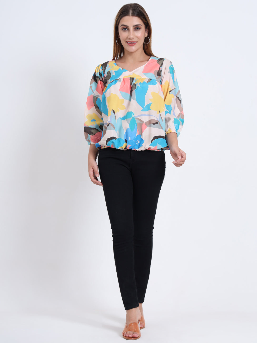 Multi Colour Rayon Top with Elastic Sleeves and Elastic Bottom for Women