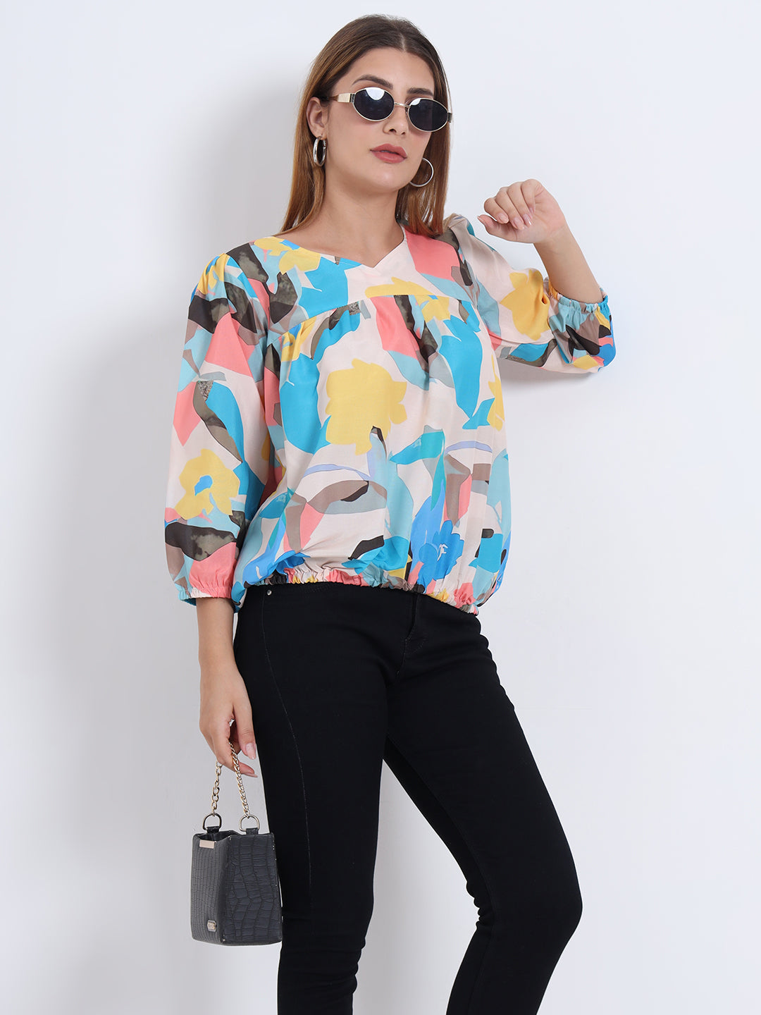 Multi Colour Rayon Top with Elastic Sleeves and Elastic Bottom for Women