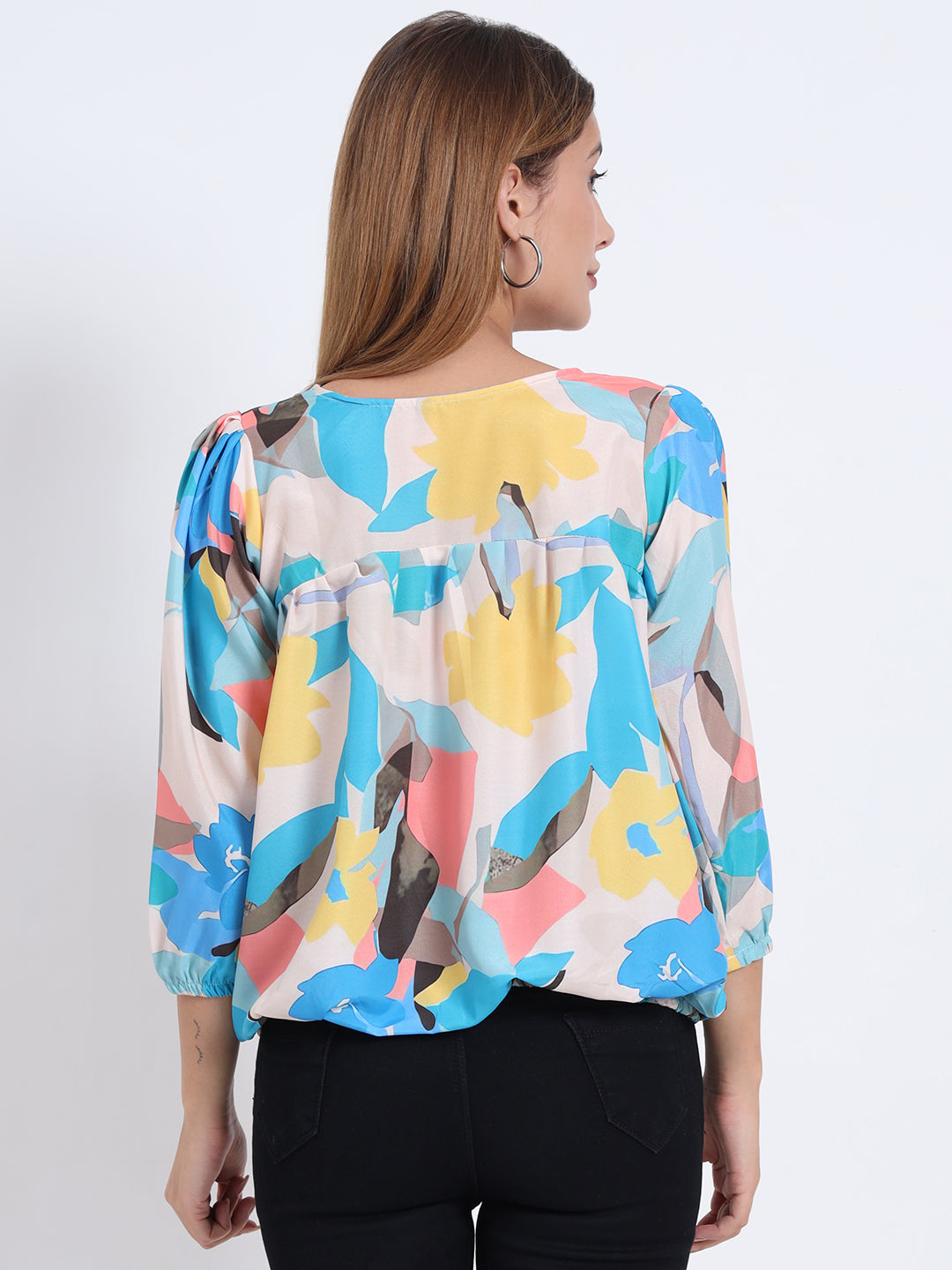 Multi Colour Rayon Top with Elastic Sleeves and Elastic Bottom for Women