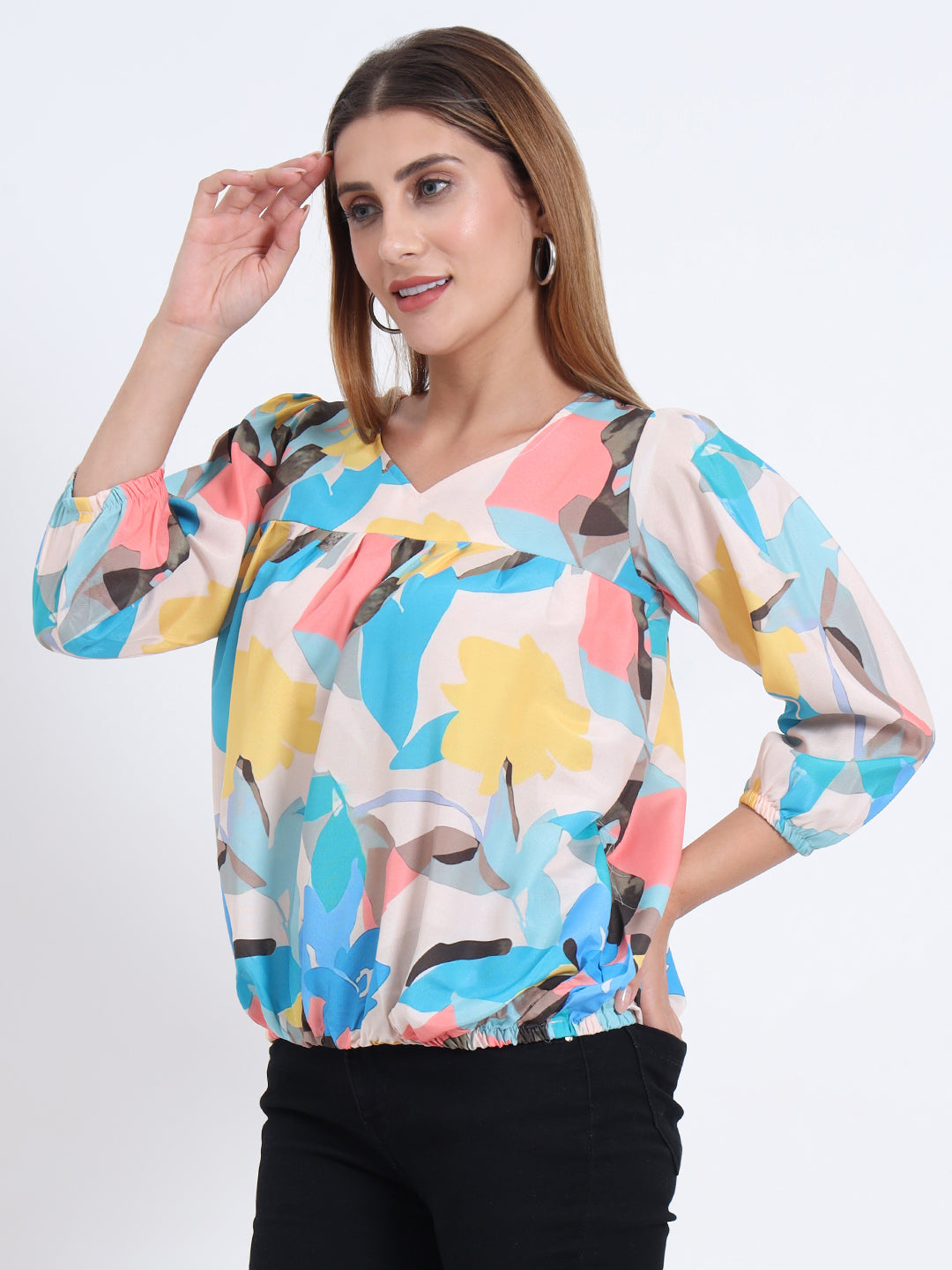 Multi Colour Rayon Top with Elastic Sleeves and Elastic Bottom for Women
