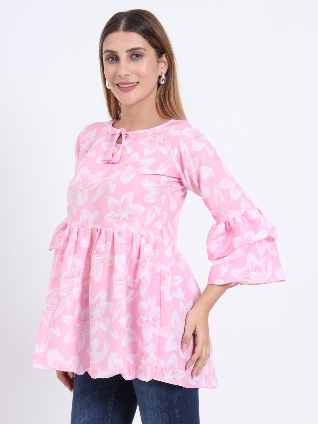 Poly Royal Fabric Top with Frill Design and 3/4 Sleeves for Women