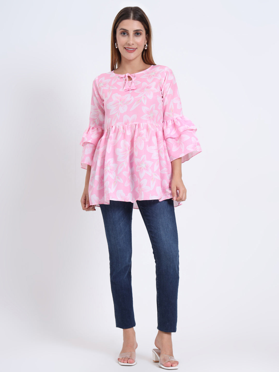 Poly Royal Fabric Top with Frill Design and 3/4 Sleeves for Women