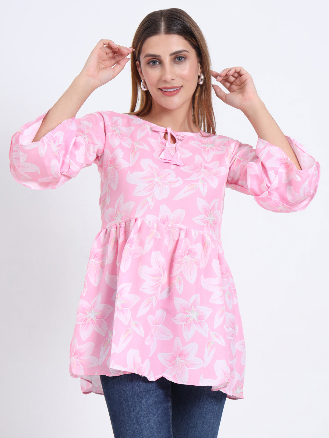 Poly Royal Fabric Top with Frill Design and 3/4 Sleeves for Women