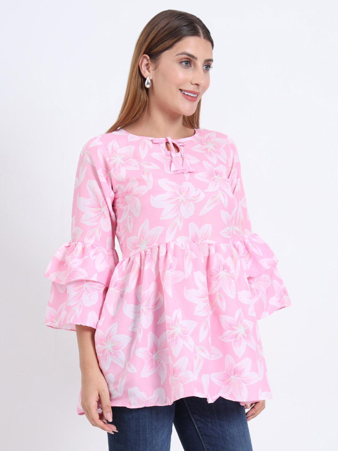 Poly Royal Fabric Top with Frill Design and 3/4 Sleeves for Women