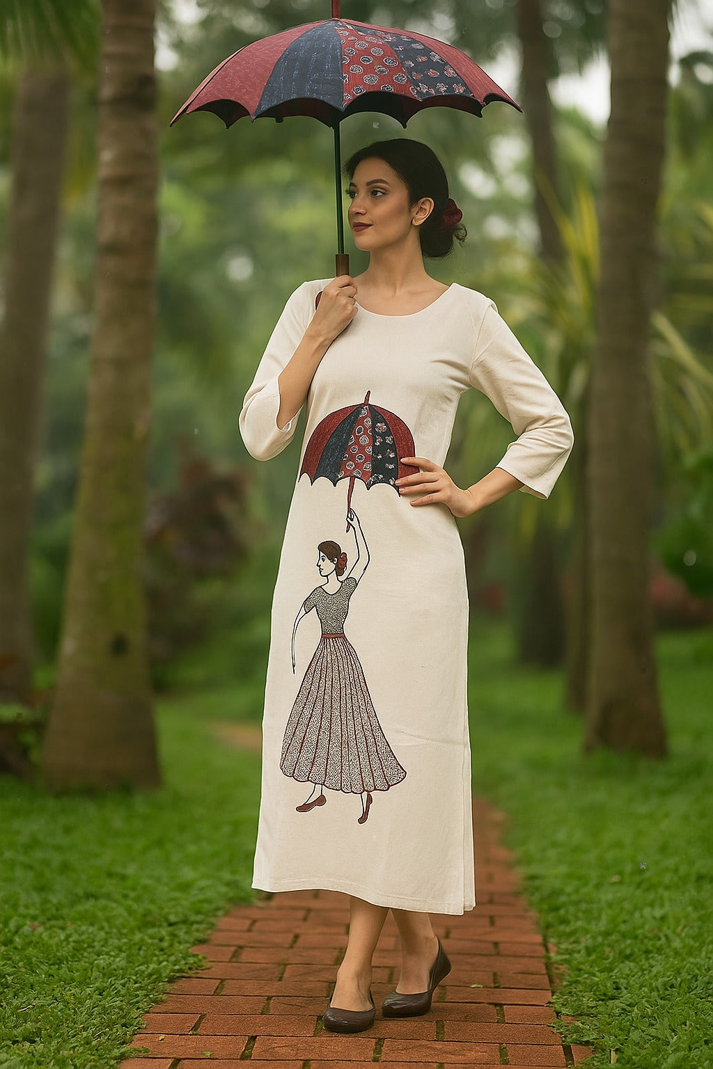 Khadi Cotton Coord Set with Lady Umbrella Design