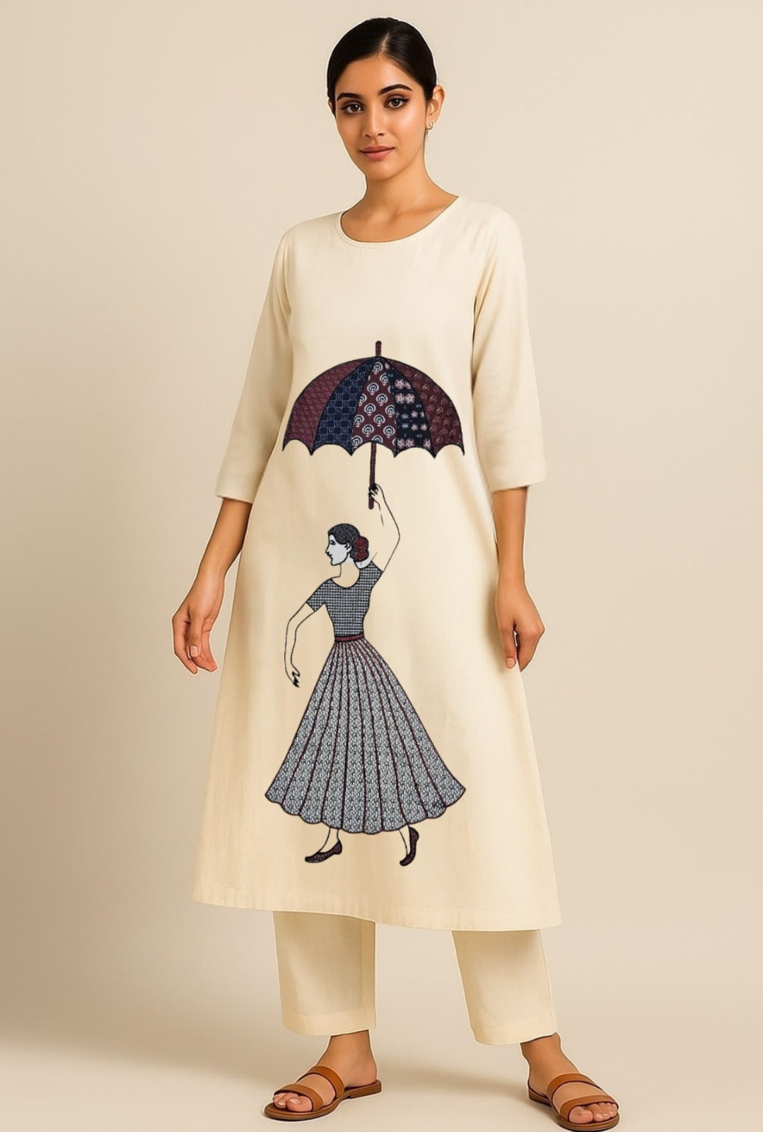 Khadi Cotton Coord Set with Lady Umbrella Design