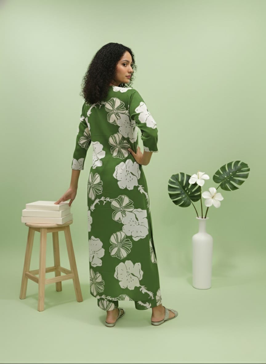 Green Long Kurti Pant Co-Ord Set in Poly Rayon Fabric