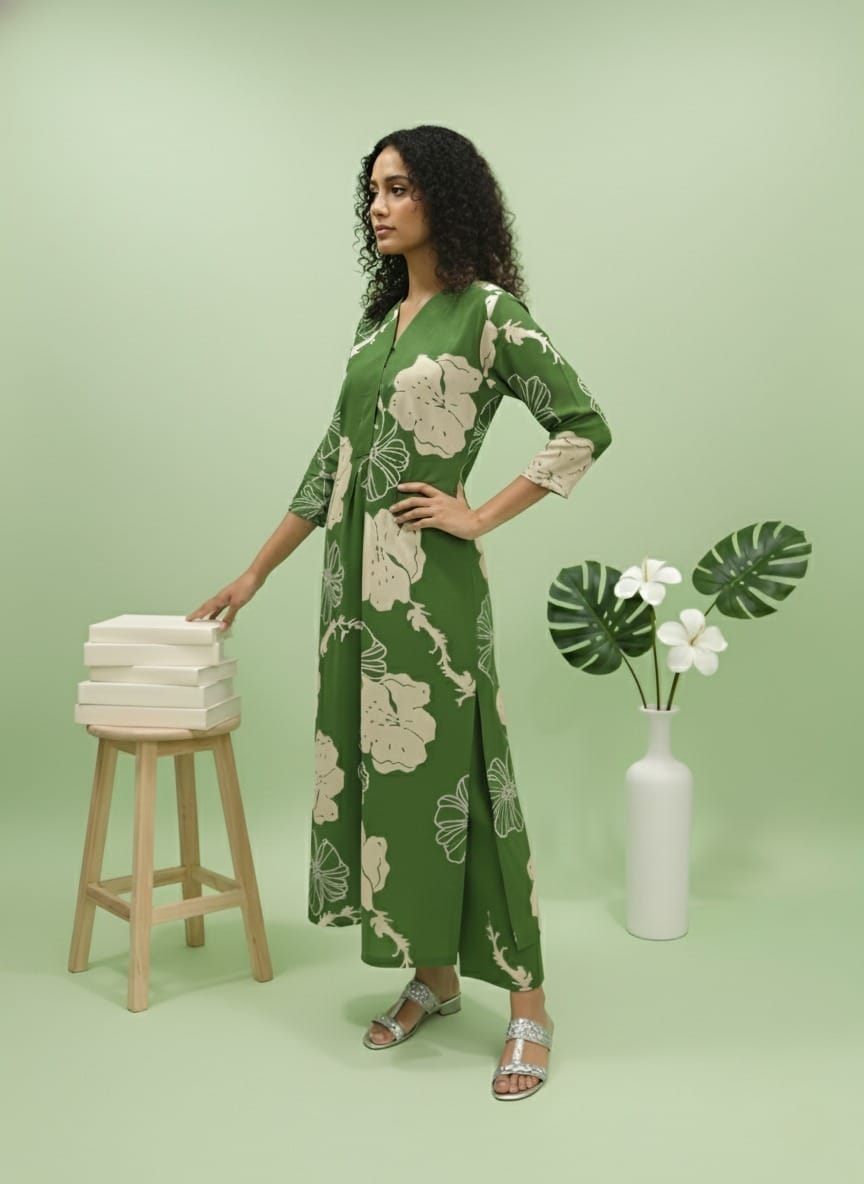 Green Long Kurti Pant Co-Ord Set in Poly Rayon Fabric