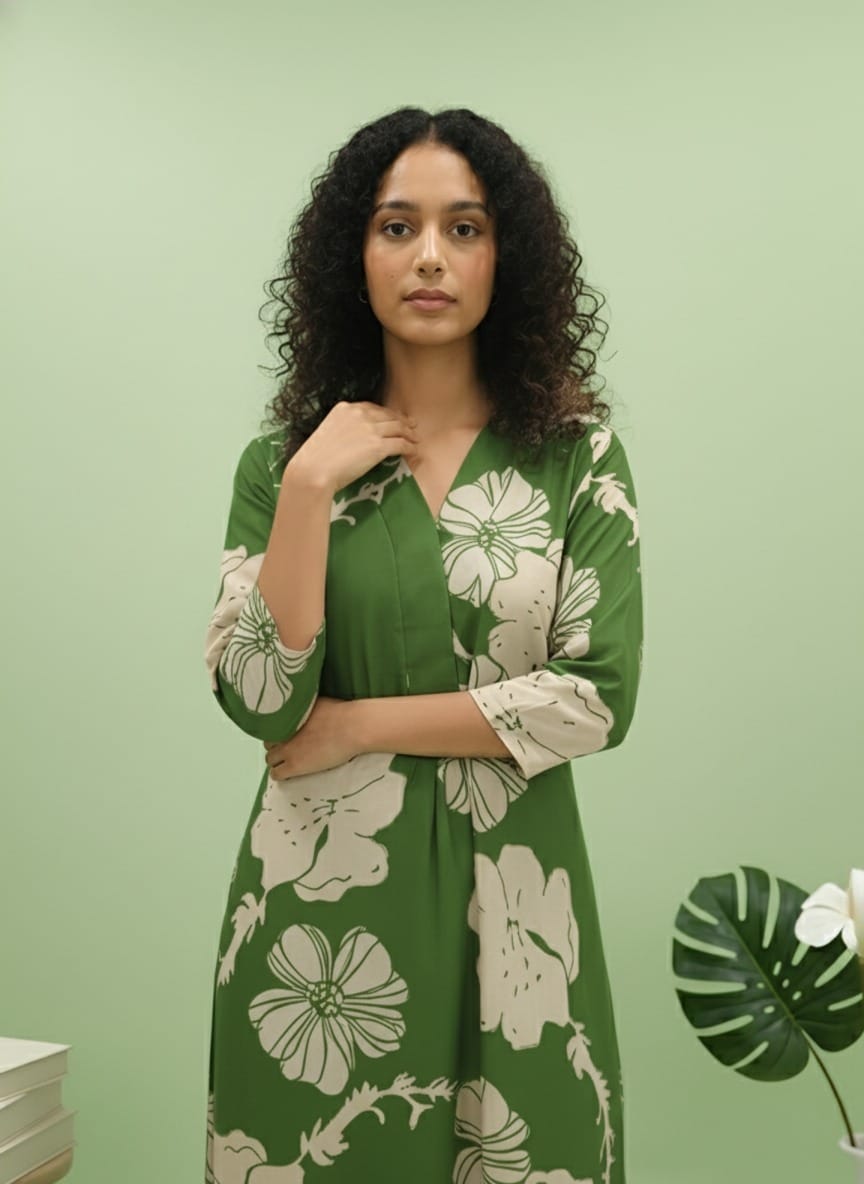 Green Long Kurti Pant Co-Ord Set in Poly Rayon Fabric