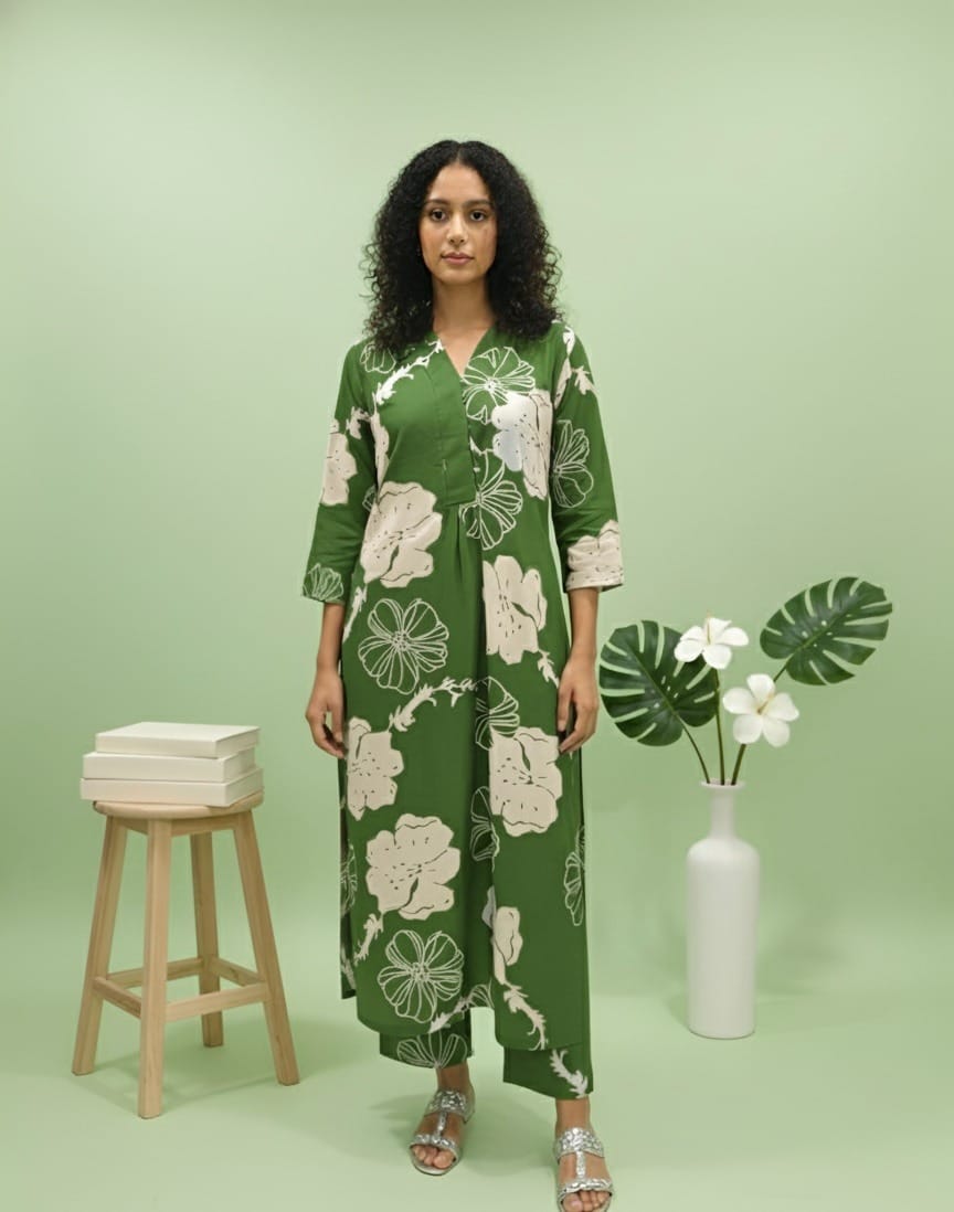 Green Long Kurti Pant Co-Ord Set in Poly Rayon Fabric