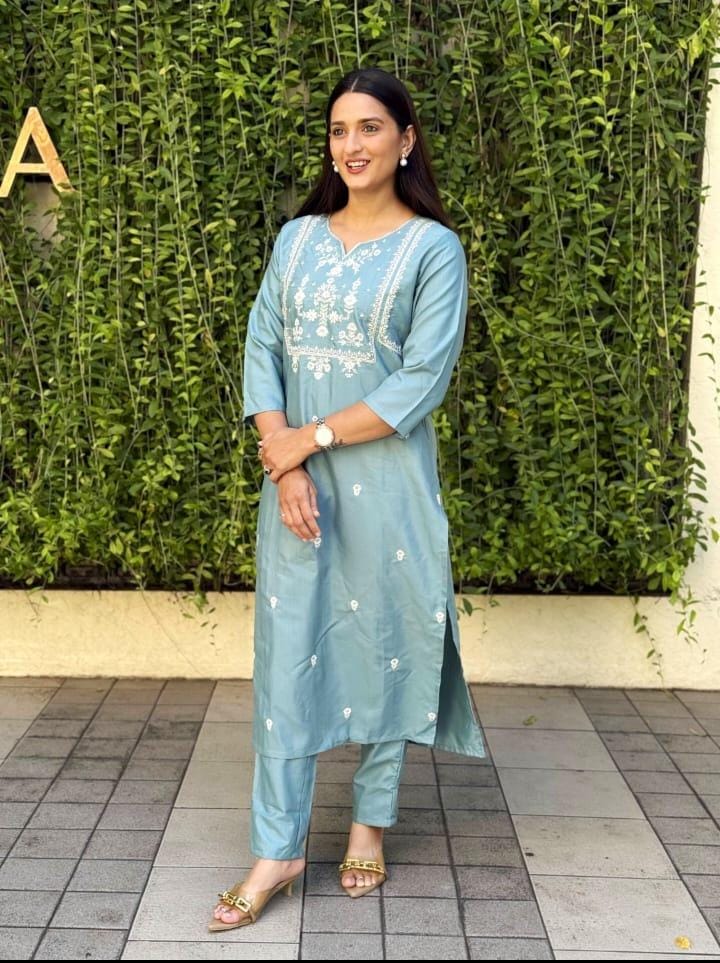 Sky Blue Poly Rayon Kurti Pant Set with Embroidery Work