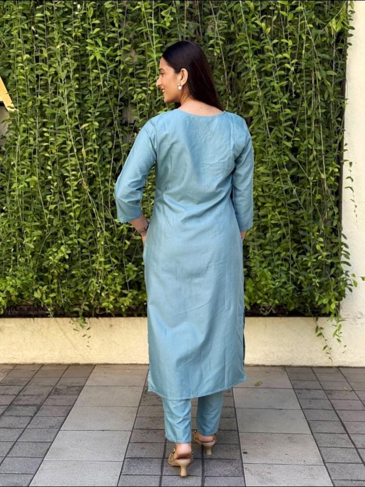 Sky Blue Poly Rayon Kurti Pant Set with Embroidery Work