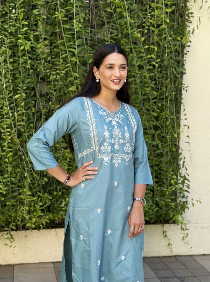 Sky Blue Poly Rayon Kurti Pant Set with Embroidery Work
