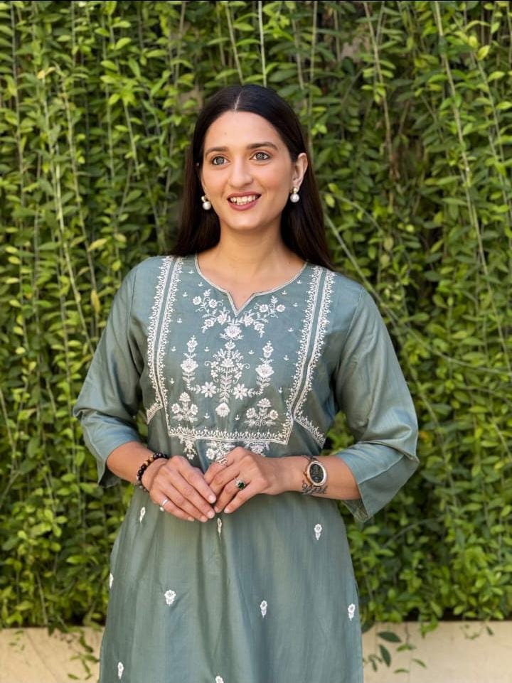 Sky Blue Poly Rayon Kurti Pant Set with Embroidery Work