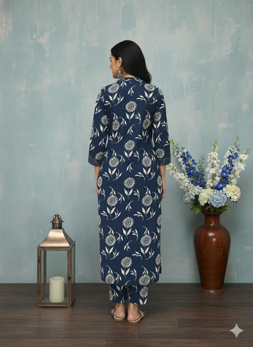 Navy Blue Poly Rayon Kurti Pant Set with White Floral Print
