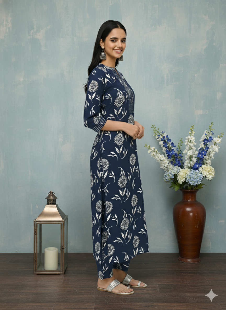 Navy Blue Poly Rayon Kurti Pant Set with White Floral Print