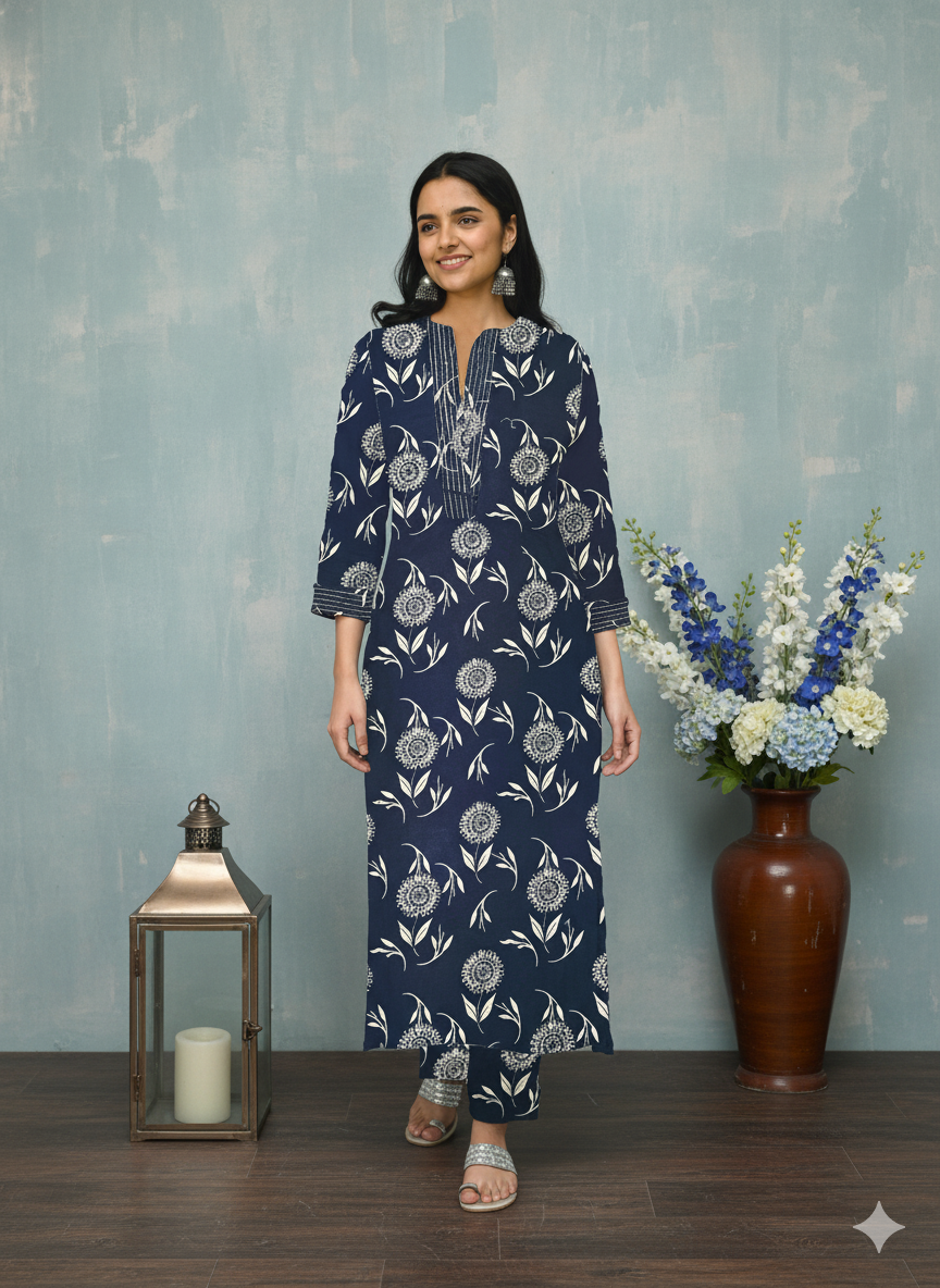 Navy Blue Poly Rayon Kurti Pant Set with White Floral Print