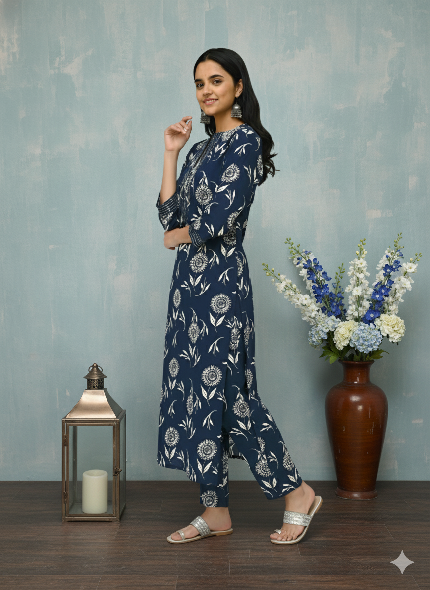 Navy Blue Poly Rayon Kurti Pant Set with White Floral Print