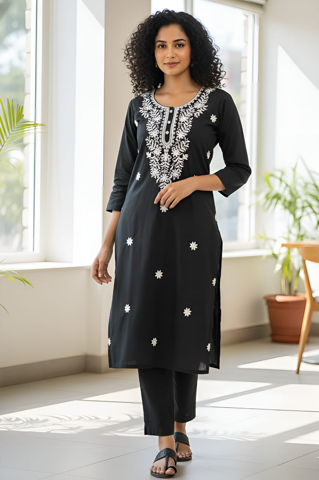 Black Tesla Slub Embroidered Kurti Pant Set with White Thread Work