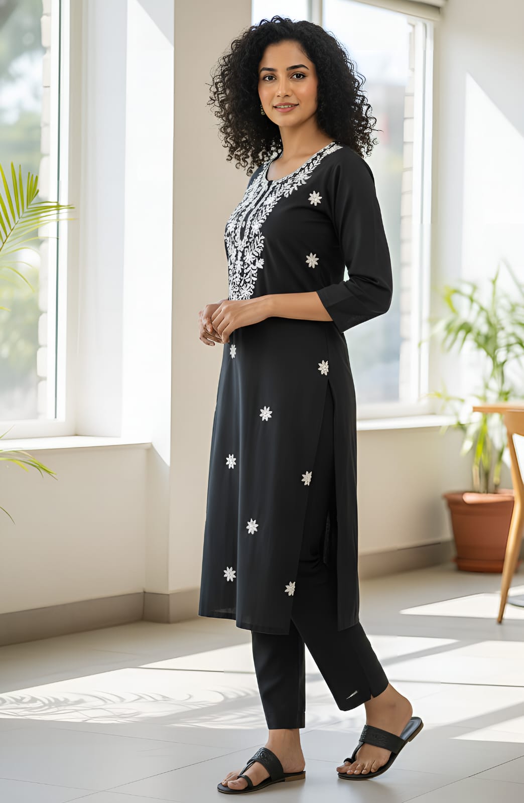 Black Tesla Slub Embroidered Kurti Pant Set with White Thread Work