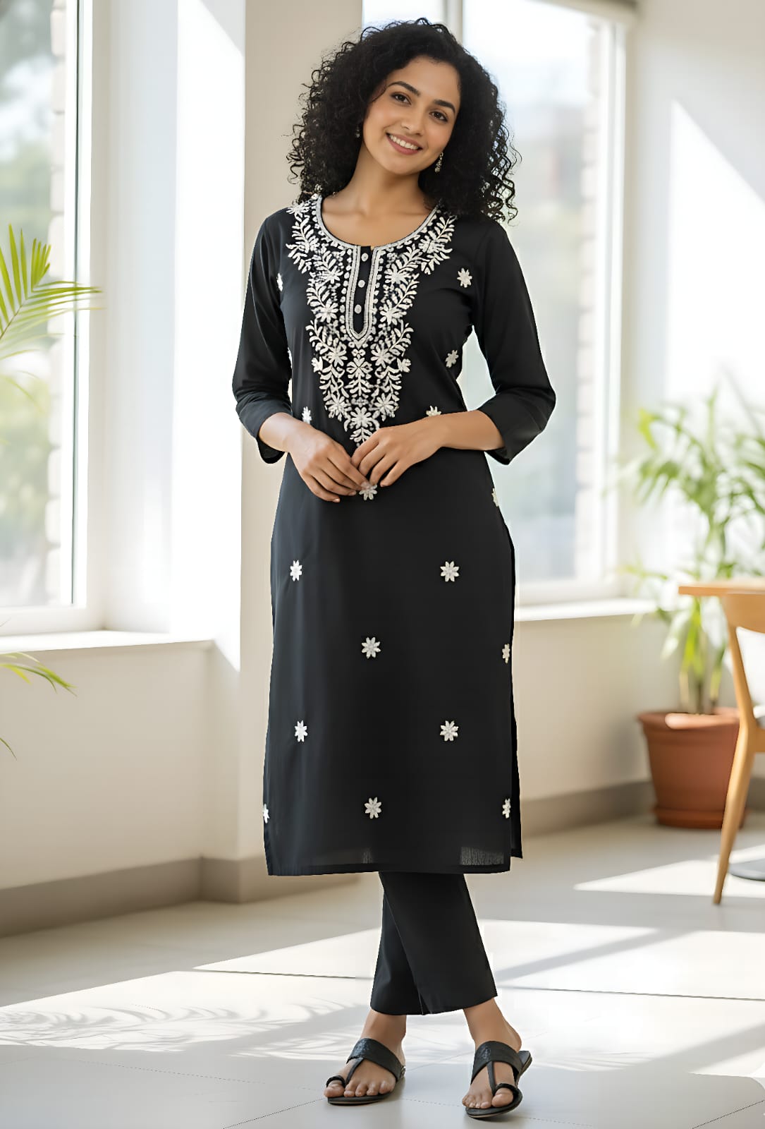 Black Tesla Slub Embroidered Kurti Pant Set with White Thread Work