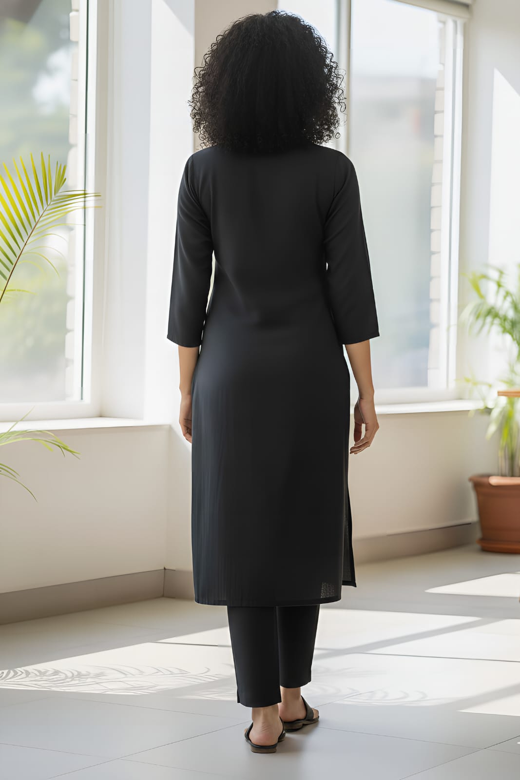 Black Tesla Slub Embroidered Kurti Pant Set with White Thread Work