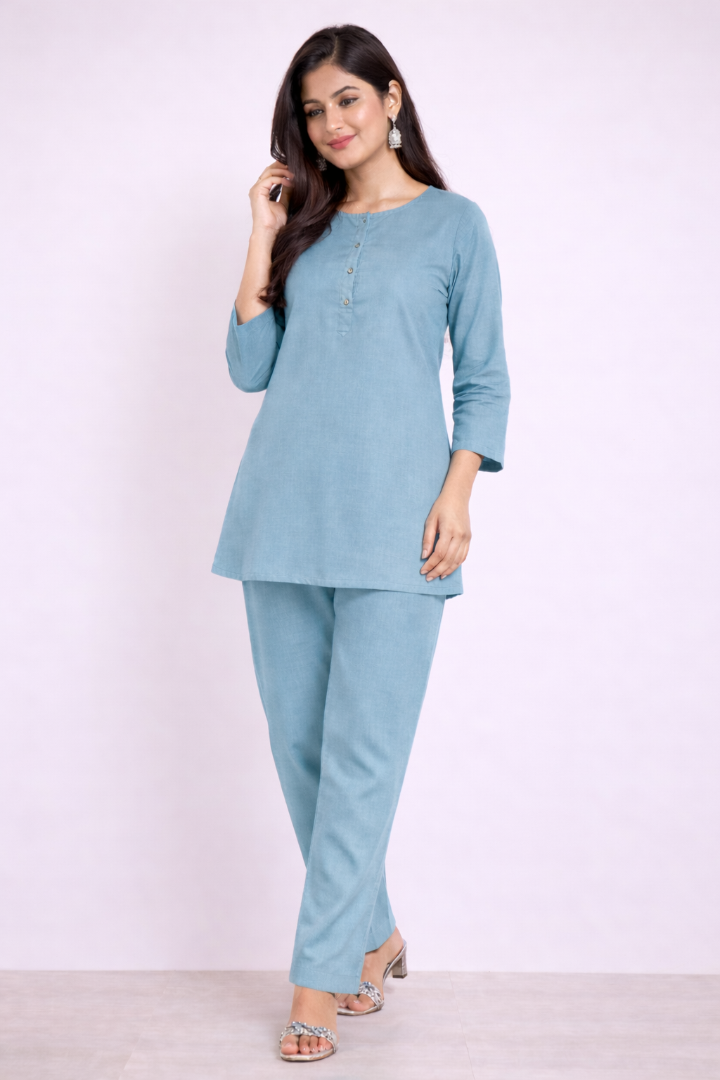 Cotton Blend Plain Kurti Pant Set for Daily and Office Wear