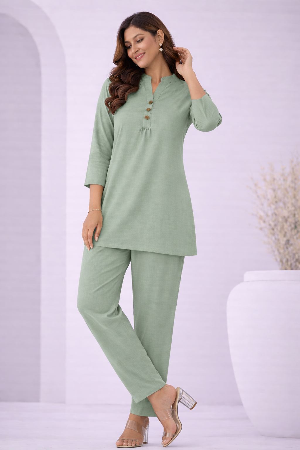 Cotton Blend Plain Kurti Pant Set for Daily and Office Wear