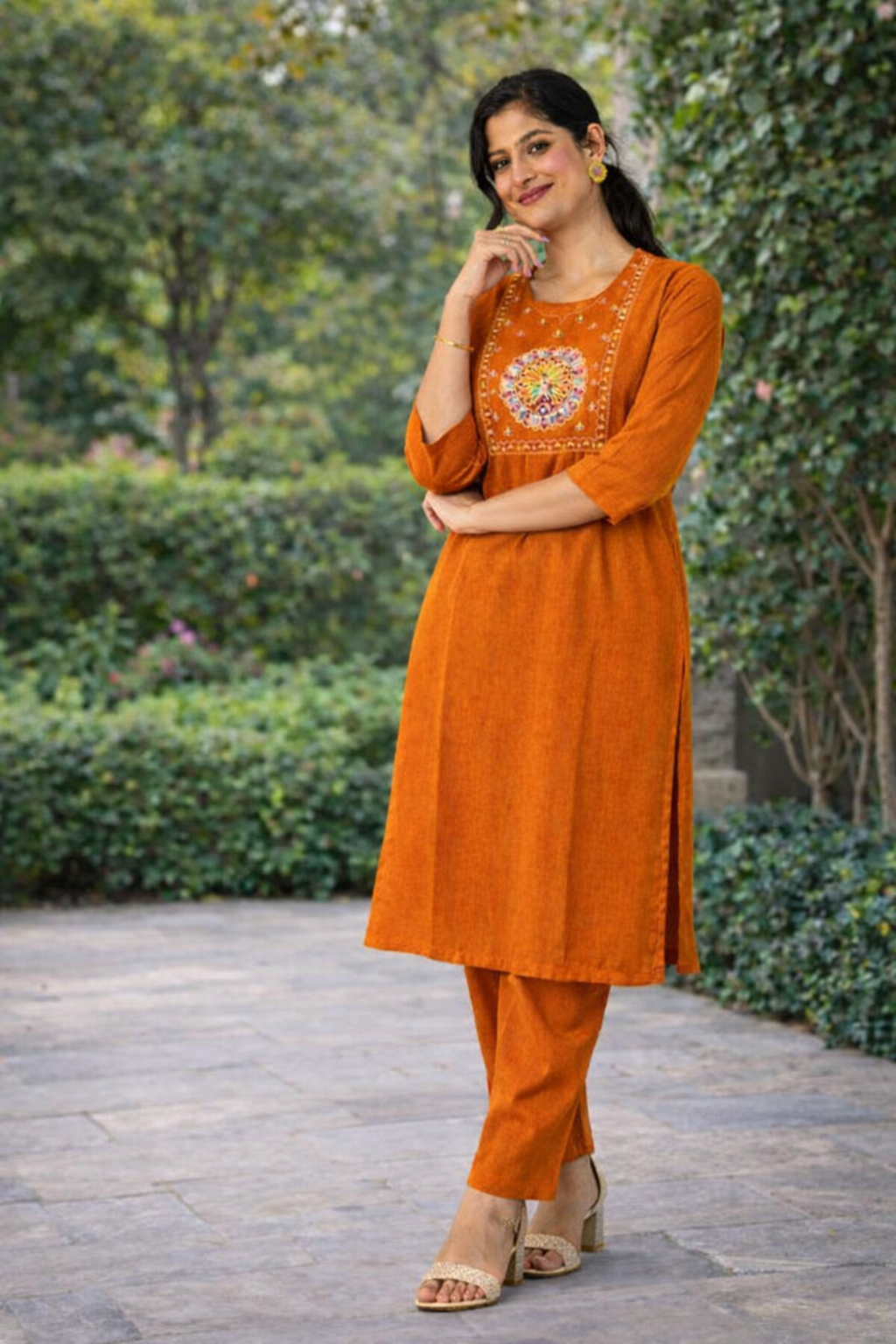 Cotton Blend Embroidered Kurti Pant Set for Women