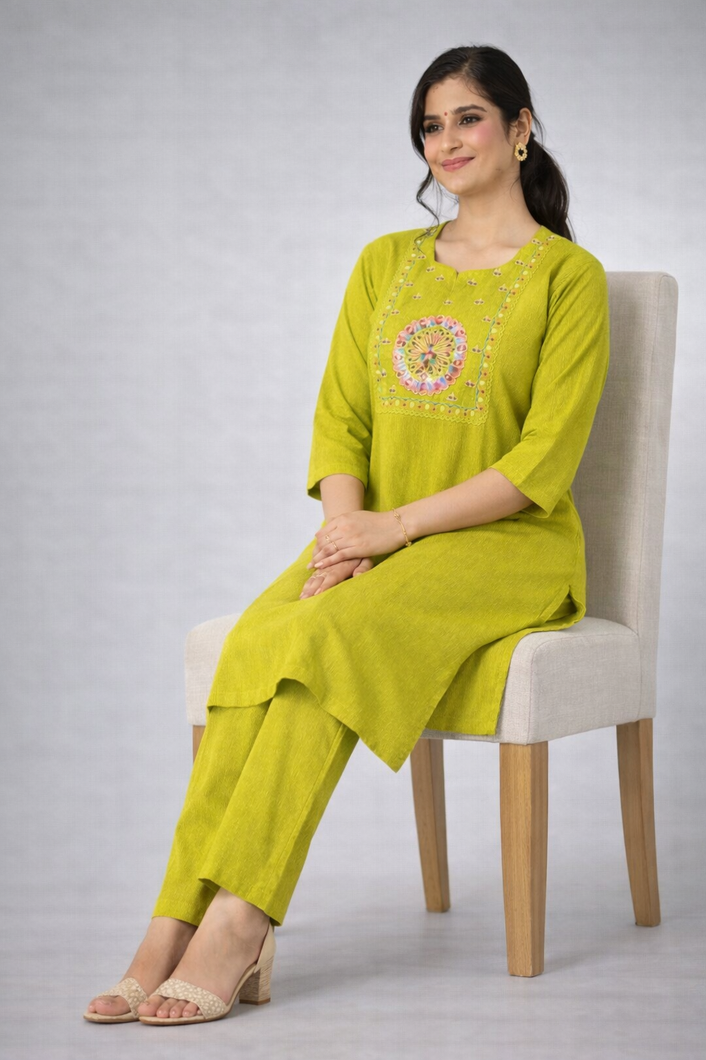 Cotton Blend Embroidered Kurti Pant Set for Women